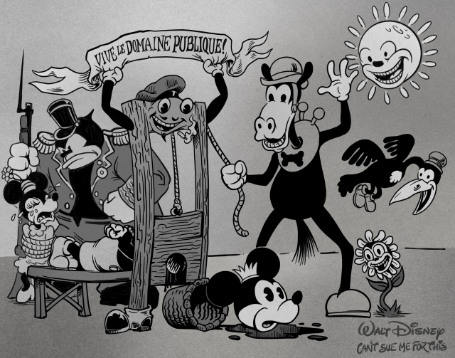 A digitally drawn cartoon in the style of 1920s Disney cartoons. Left center, anthropmorphized guillotine (wearing a beret, with a little mustache and goatee, smoking a cigarette) holds a banner reading ‘Vive le Domaine Publique!’ The guillotine has just removed the head of Mickey Mouse which is on the ground having overturned the basket. Horace Horsecollar is operating the guillotine waving to the viewer. Behind were see Pegleg Pete in 19th C soldier uniform  guarding Minnie Nose who will be next. On the right side a flower, bird, and the sun view the scene with great amusement.