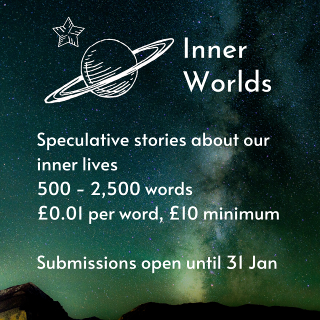Deep green starry sky overlaid with text reading Inner Worlds, speculative stories about our inner lives, 500 - 2,500 words, £0.01 per word, minimum £10 payment, submissions open until 31 Jan