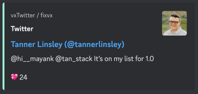 reply tweet from Tanner Linsley: "It’s on my list for 1.0"