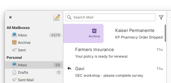 A screenshot of the top let corner of elementary Mail showing a conversation row in the middle of a multitouch swipe gesture. It is being replaced by a purple block containing an icon and label "Archive"