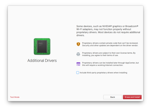 A screenshot of the elementary Installer showing a screen where you can become informed about and choose to install additional third-party proprietary hardware drivers