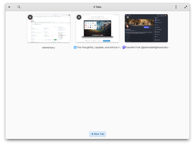 A screenshot of GNOME Web showing the new tab overview with three open tabs