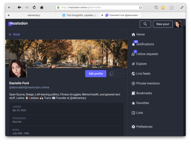 A screenshot of GNOME Web showing my mastodon profile. The new tab overview button is present in the headerbar