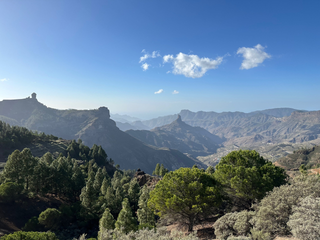 A panorama of mountain ranges stretching to the horizon under a clear blue sky. Some green trees and bushes in the foreground, while multiple mountain range and continue one beyond another.