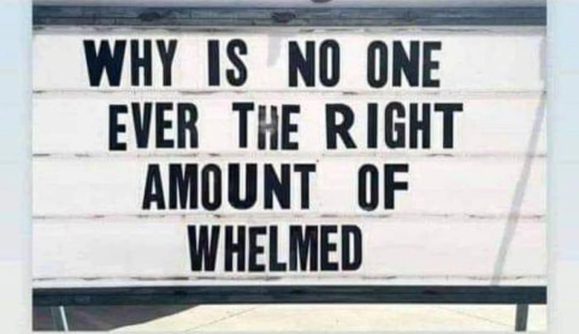  sign with the humorous text "WHY IS NO ONE EVER THE RIGHT AMOUNT OF WHELMED."
