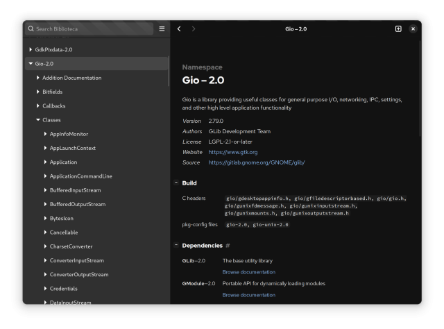 a screenshot of Biblioteca with GLib gi-docgen docs from Nightly SDK