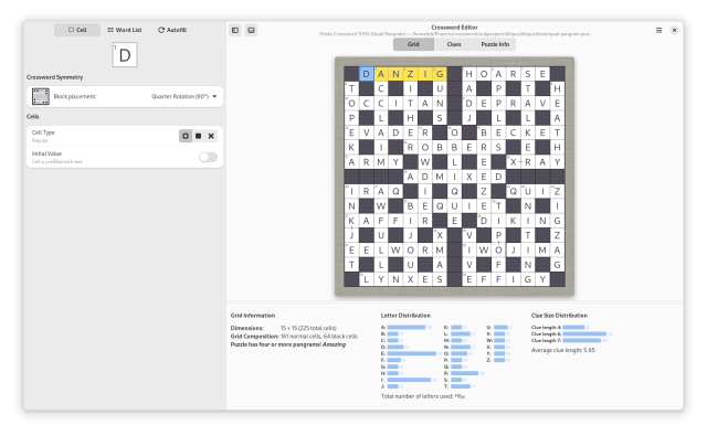 Crossword Editor in grid-editing mode with a quad-pangram crossword
