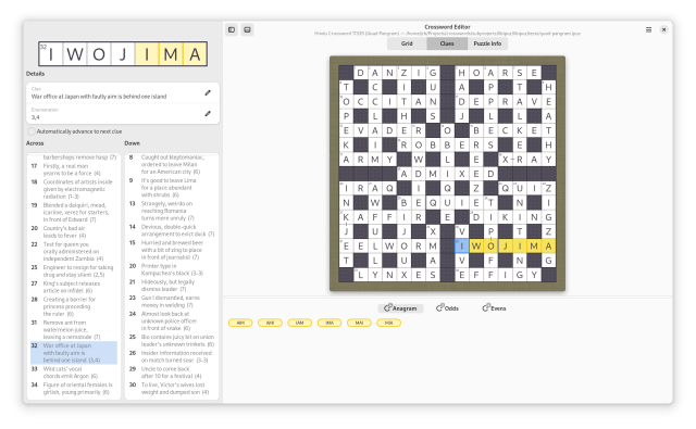 Crossword Editor in clue-editing mode with text selected indicating anagrams used in the clue