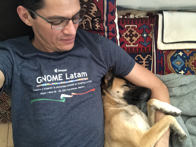 Gaia and I lying down. She is is getting tummy skritches.