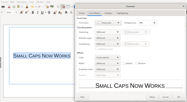 Screenshot of small caps being used in a slide in LibreOffice 24.2 Impress