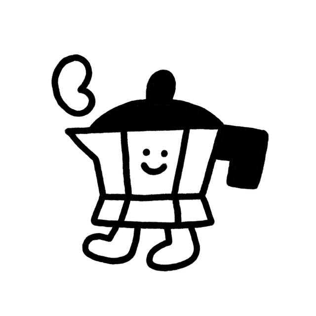 Black and white drawing of a mocha pot with a smiley face and legs 