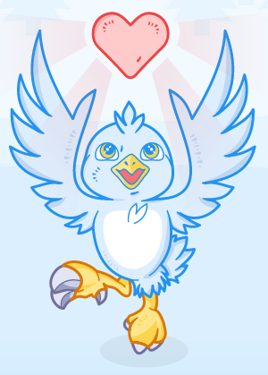 Das Bild zeigt eine animierte Darstellung eines Vogels, der aufrecht steht und seine Flügel ausbreitet. Er stellt eine veränderte Version des Thunderbird-Logos dar. Der Vogel hat ein fröhliches, freundliches Gesicht mit großen, ausdrucksvollen Augen und einem kleinen, lächelnden Schnabel. Seine Hauptfarbe ist ein leuchtendes Blau, mit einem weißen Bauch und Gesicht. Die Flügel sind groß und flauschig mit einem leicht dunkleren Blauton als der Körper. Die Füße des Vogels sind groß und gelb mit kräftigen Krallen. Über dem Vogel schwebt ein rosa Herz: der Vogel hat liebevolle Gefühle / Zuneigung und freut sich sichtlich. 