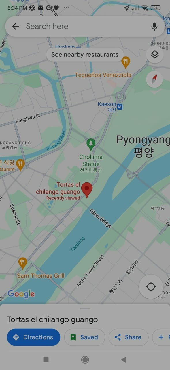 Captura de Google Maps mostrando Tortas el chilango guango en el medio de Pyongyang