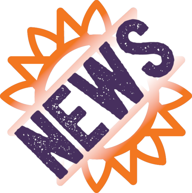 Text "NEWS" in purple, at an angle, on an orange sunburst on a white background.