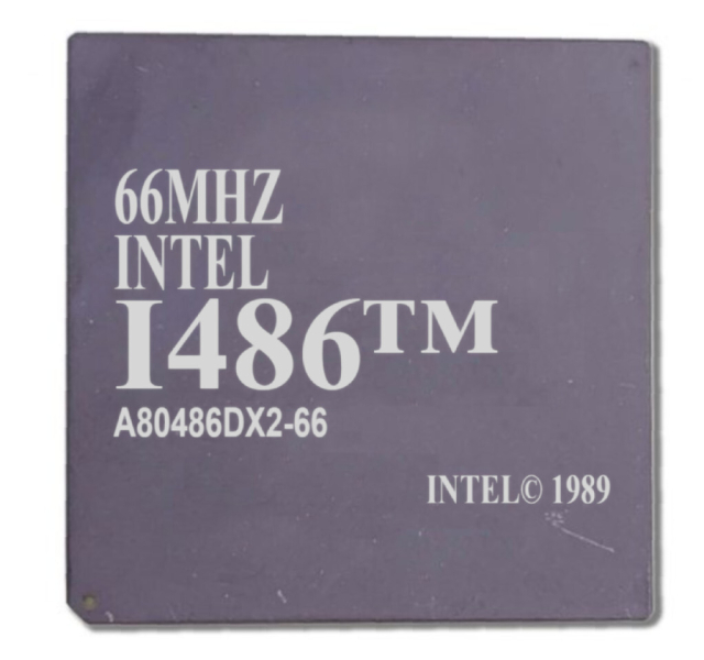 An intel CPU, labeled "66MHZ, Intel, I486™, A80486DX-66, Intel© 1989", in the style of the Neon Genesis Evangelion title cards. 