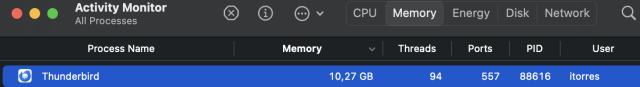 Thunderbird consuming 10GB of RAM of a 16GB MacBook.