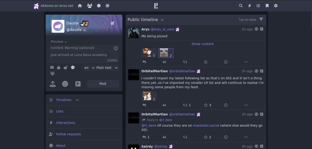 Screenshot of Akkoma with theme that uses Mastodon colors