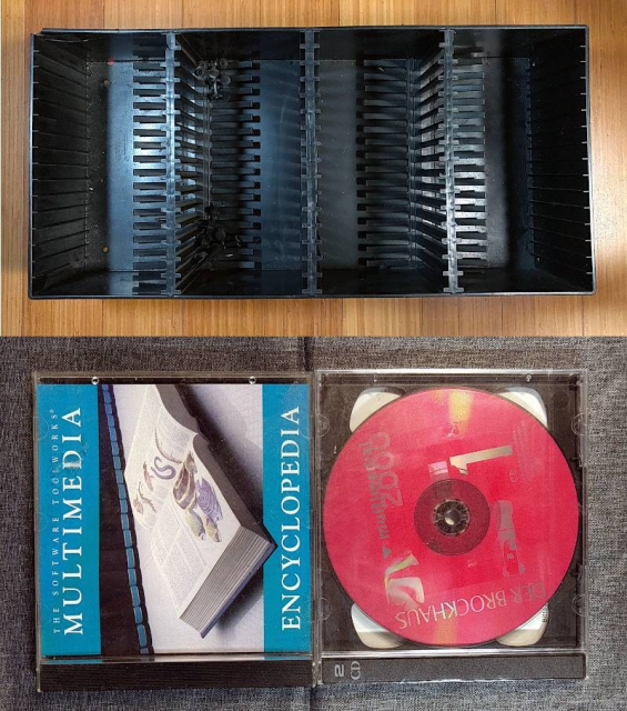 Oben: CD-Regal für 4x16 CDs. Leichter Knacks an der oberen linken Ecke. Unten: CDs aus y2k, äh, dem Jahr 2000: 1 CD "Multimedia Lexikon", 1 Doppel-CD Brockhaus (originalverschweißt). Also aus der Zeit, wo noch keine KI das Wissen verhunzt hat.