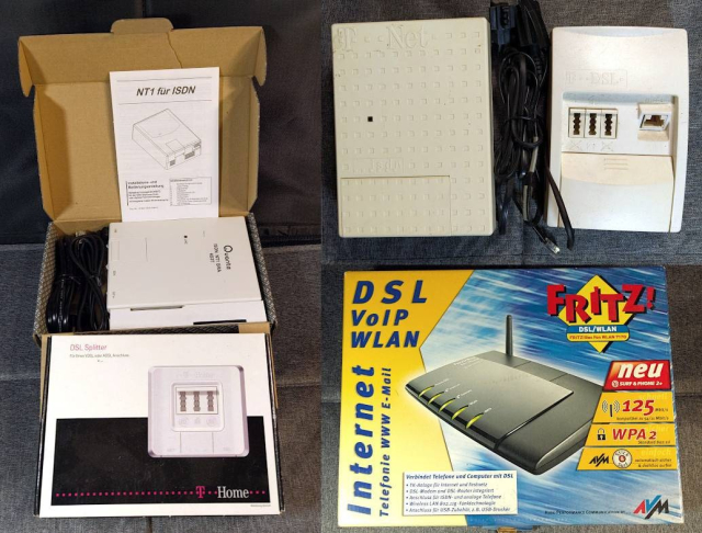 links und oben: je 1x NTBA + DSL-Splitter; rechts unten: Fritz!Box 7140