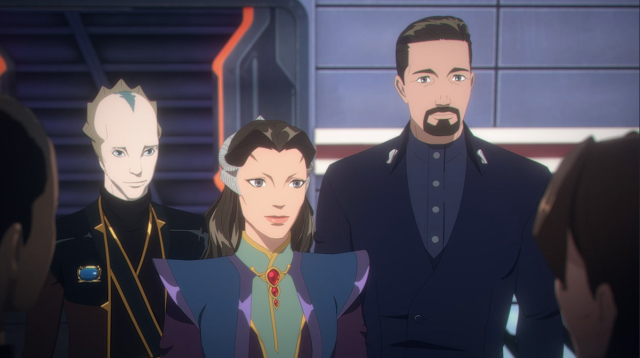 A scene from Babylon 5 The Road Home, showing Lennier, Delenn, and Sheridan (looking like they did at the end of Season 5, except animated), standing in a corridor in Red Sector, facing some other people, who are mostly out of frame.