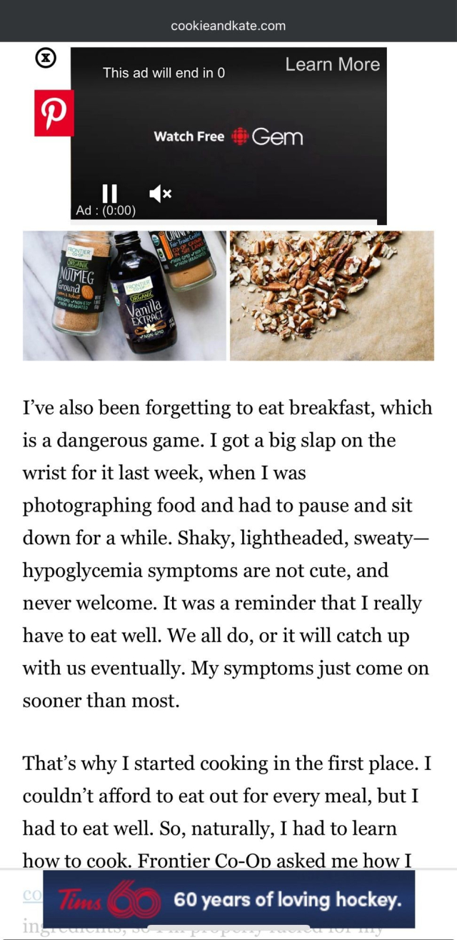 Screen grab of a baked oatmeal recipe showing a cluttered page full of ads and a novel’s worth of irrelevant background writing.