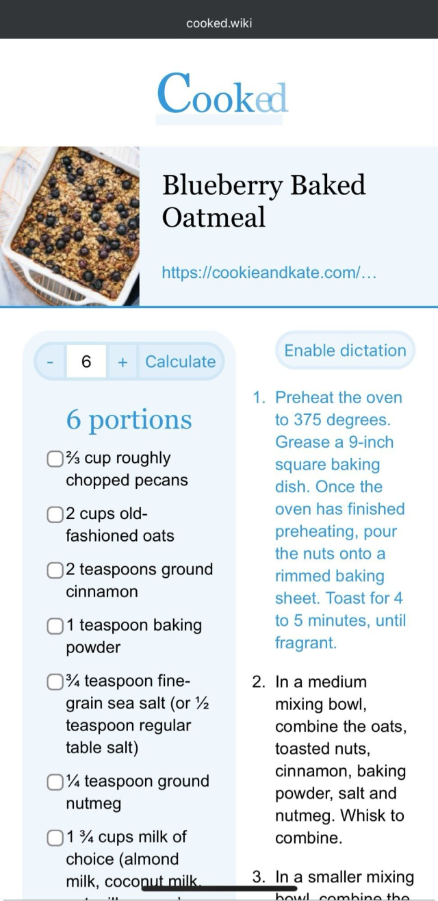The same baked oatmeal recipe but run through cooked.wiki. It is now cleaned up and organized like a cookbook with ingredients in a column to the left and the method in a column to the right. Everything else is stripped away.