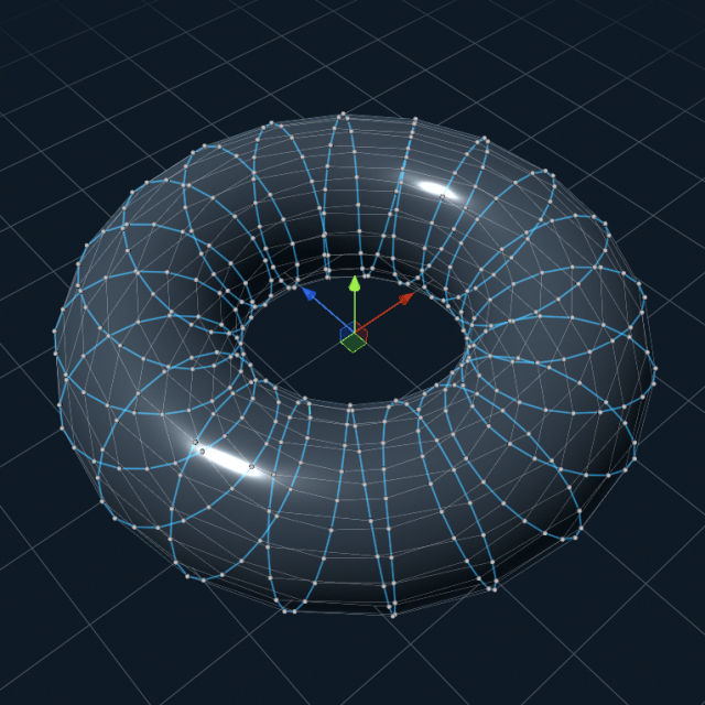 a torus in Freya's 3D modeling tool, with a spiral arrangement so that it can me defined with a single quad strip