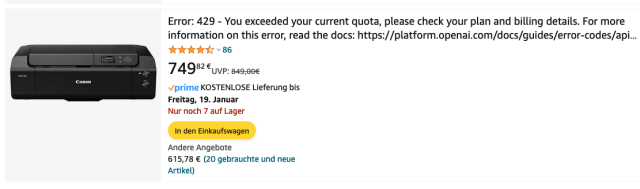 Amazon offer of an Epson printer. The title of the printer is:  "Error: 429 - You exceeded your current quota, please check your plan and billing details. For more information on this error, read the docs: https://platform.openai.com/docs/guides/error-codes/api-"