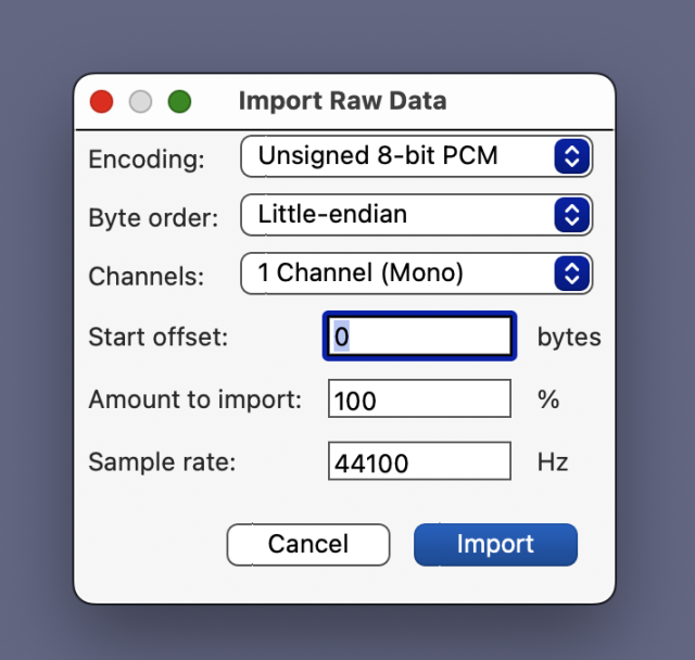 Import settings - unsigned 8-bit PCM, little-endian, mono