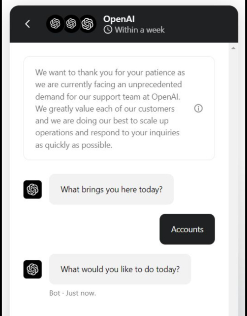 Screenshot from the OpenAI support chat showing the chat bot asking what the user is there for. The user answers “Accounts”. The chat bot simply repeats the question.