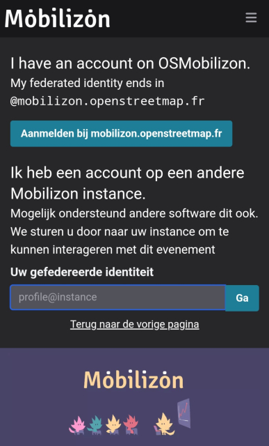 Mobilizon aanmeldscherm met optie "I have an account on OSMMobilizon" en optie "Ik heb een account op een andere Mobilizon instance".