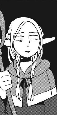 Marcille, an elf character from Dungeon Meshi, with an expression that conveys "why am I here and associated with this guy"