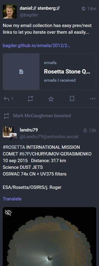 screenshot of a post by bagder with a caption 'Rosetta Stone' and a post right below it about the Rosetta comet mission