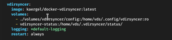 Screenshot of docker compose file with vdirsyncer:

vdirsyncer:
    image: kaergel/docker-vdirsyncer:latest
    volumes:
      - ./volumes/vdirsyncer/config:/home/vds/.config/vdirsyncer:ro
      - vdirsyncer-status:/home/vds/.vdirsyncer/status/
    logging: *default-logging
    restart: always
