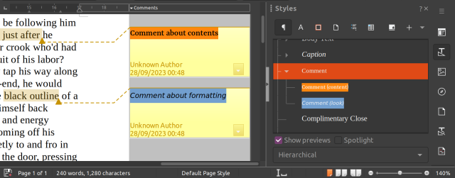 Screenshot of LibreOffice 24.2 showing comments next to a text: Next to it is the style chooser showing different comment styles for comments regarding content and regarding looks