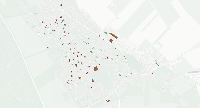 Map of parkings: green for all new geometries, red dots for old nodes and a transparent red overlay for old way geometries.
Map depicts a lot of new green areas, some red dots, most overlapping with a green area, as well as some mostly overlapping red overlays.