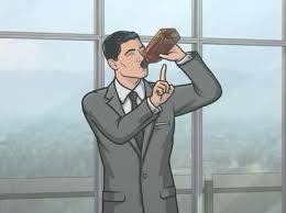 The character Sterling Archer holding up a finger as he drinks scotch straight from the bottle