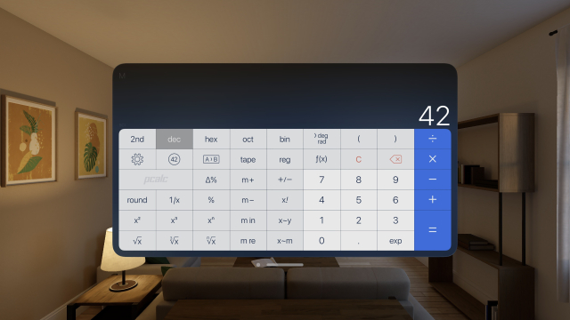 A screenshot of PCalc running on the visionOS simulator.