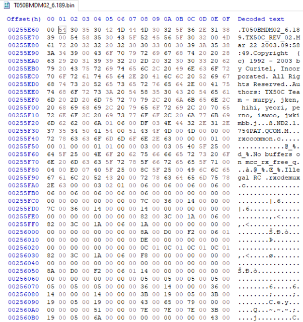 A hex editor screenshot of the recently-dumped Audiovox CDM-8500 firmware.
Of note is the version info and developer credits: 
"T050BMDM02_6.189 TX50C_REV_02 Mar 22 2003 09:58:49 Copyright  (c) 1992 - 2003 by Curitel, Incorporated. All Rights Reserved. Authors: TX50C Team - murpy, jken, hihi, yeori, perno, iswoo, jwkimbb"

Announcements of new firmware dumps are likely what anyone stopping by will see the most of here. Any time you see a hex editor screenshot post, expect that firmware dump to be available on the Dumbphone Repo (linked on LPCwiki page)