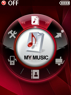 A screenshot of the LG Chocolate (VX8500)'s main menu, upscaled to 512px. It makes heavy use of red shades, and contains all of the options in a circle. This was probably done to highlight how the capacitive circular d-pad was intended to be used. 

Screenshots of phone GUIs are another thing that one can expect to find on this account! I'd still like to find or create a mobile phone version of Marcin Wichary's GUIdebook Gallery some day...