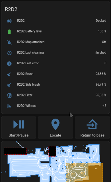 Screenshot of home assistant interface with status, control buttons and map from the vacuum cleaner.