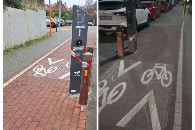 Une borne de recharge de voiture électrique sur le bord d'une piste cyclable fraichement construite