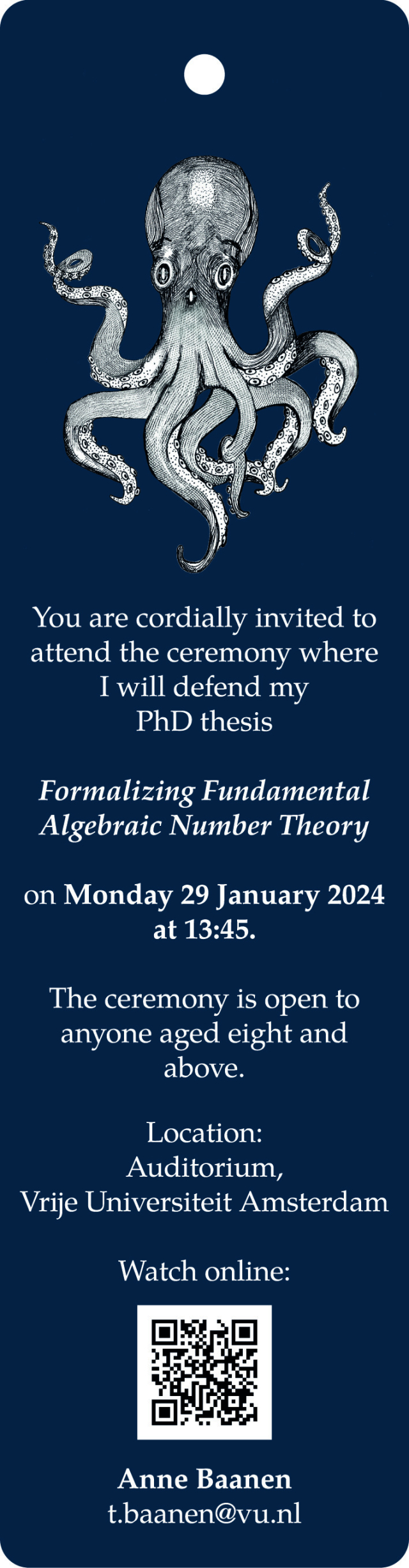 The invitation was designed by Elisa Rosas-Hofstee. It features a graphic of an octopus in a celebratory pose.