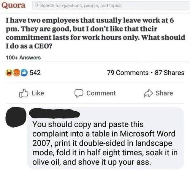 Quora Forum
Question: I have 2 employees that usually leave work at 6 pm. They are good, but I don't like that their commitment lasts for work hours only. What should I do as a CEO?

Answer: You should copy and paste this complaint into a table in Microsoft Word 2007, print it double-sided in landscape mode, fold it in half eight times, soak it in olive oil, and shive it up your ass.