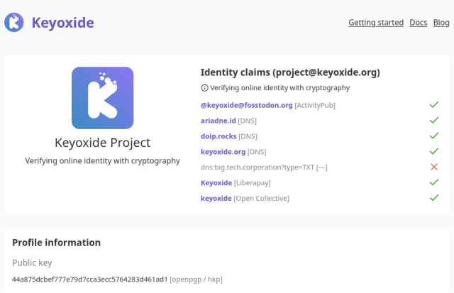 A screenshot of the redesigned Keyoxide website showing the profile of the Keyoxide project