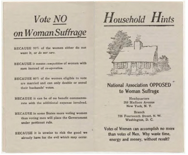 BECAUSE 90% of the women either do not want it, or do not care. BECAUSE it means competition of women with men instead of co-operation. BECAUSE 90% of the women eligible are married, and can only double on their husband’s votes. Because it can be of no benefit commensurate with the additional expense involved. Because in some states, more voting women than voting men will place the government under petticoat rule. Because it is unwise to risk the good we already have for the Evil which may occur.votes of women can accomplish no more than votes of men. Why waste time, energy, and money, without result?

National Association opposed to Woman Suffrage, New York and Washington DC, post-1911. Equal Suffrage Amendment Coalition, Private Collections, State Archives of North Carolina 