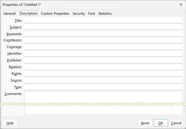 Screenshot of LibreOffice 24.2 meta data dialog