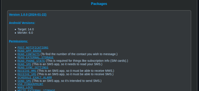 screenshot from the details page of an app at the IzzyOnDroid repo, having its permission list expanded. Next to sensitive permissions there's a short description shown of what the app needs those for. In the screenshot, it's an SMS/MMS messaging app, and e.g. explained it needs the READ_PHONE_STATE permission for things like subscription info (SIM cards) – which is what its developers explained.