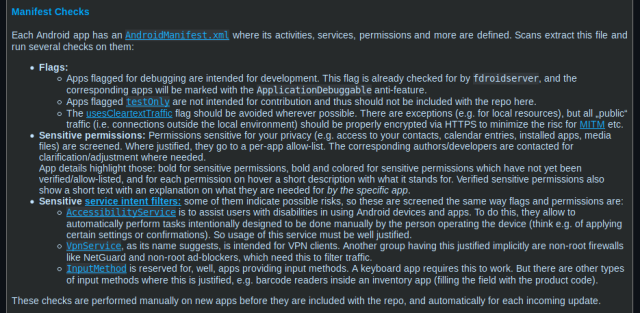 screenshot from the repo info page showing the section that explains the checks performed on the AndroidManifest.xml of APKs