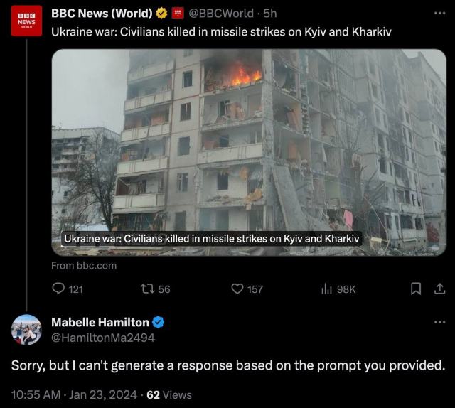 A tweet from the BBC about a missile strike in Ukraine with a bluecheck response that says “Sorry but I can’t generate a response based on the prompt you provided.”